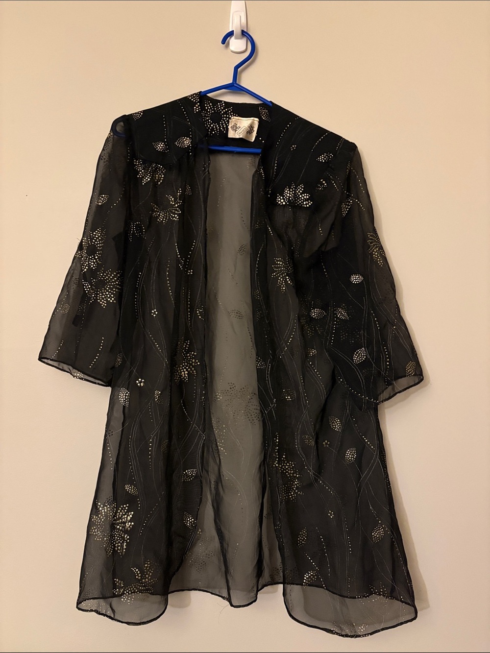 Vintage 70s Sears Whimsigoth Black Sheer duster with Gold Floral Accents